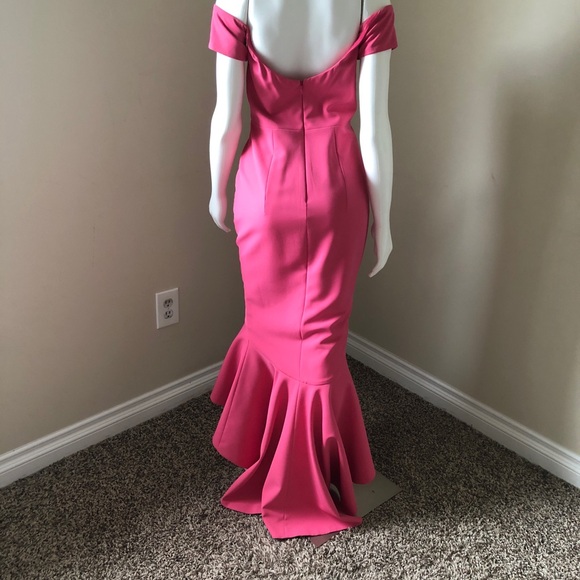 Abyss By Abby Pink Mirna Gown Prom Dress Off Shoulder Dress MIDI Ruffle Bottom - Picture 6 of 12